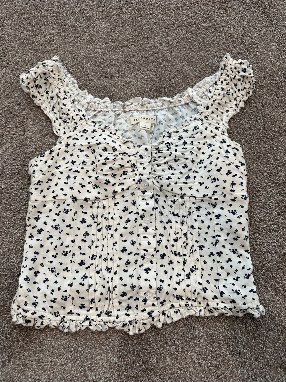Aeropostale Ivory Top with Navy Blue Floral Print and Ruffle Details